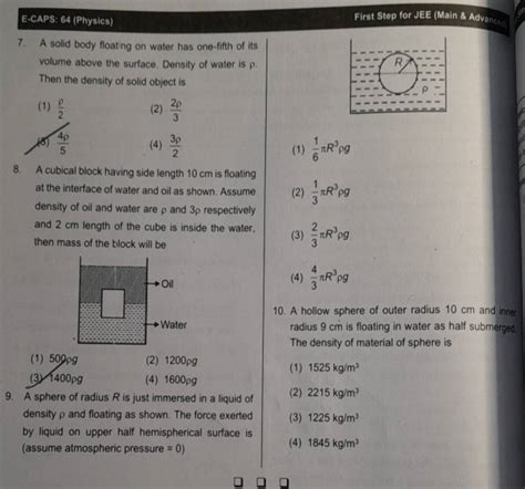 A Cubical Block Having Side Length 10 Cm Is Floating At The Interface Of