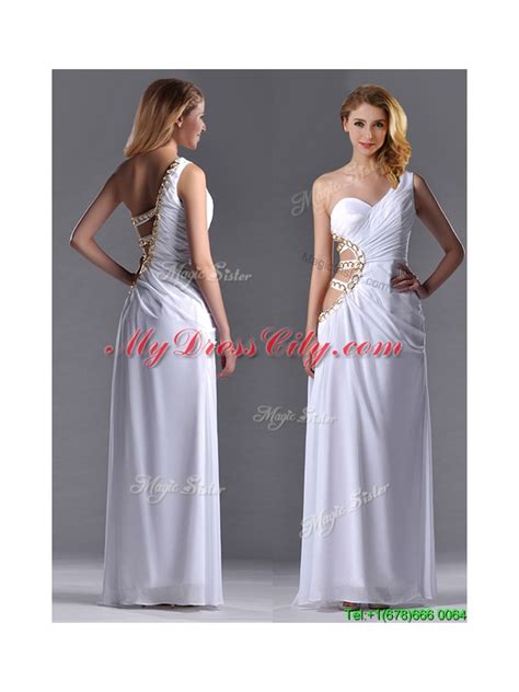 Beautiful Cut Out Waist One Shoulder White Prom Dress With Beading