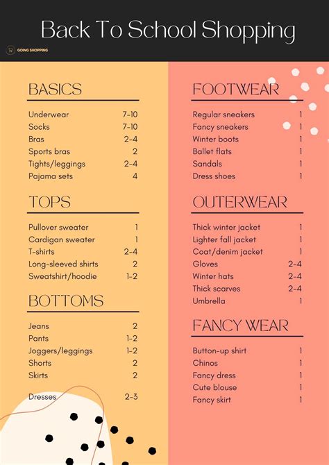 Back To School Clothing List Printable