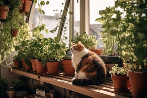 Um Gato Sentado Em Um Jardim De Varanda Repleto De Plantas Que Ajudam A