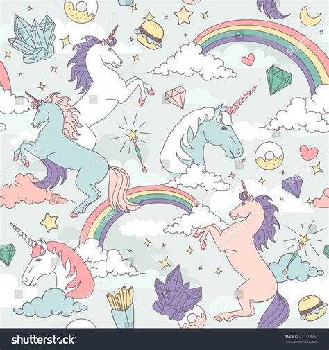 Cute Seamless Pattern Unicorns Rainbows Clouds Stock Vector Royalty