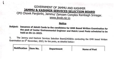 JKSSB Admit Card Notice For The Post Of Junior Environmental Engineer