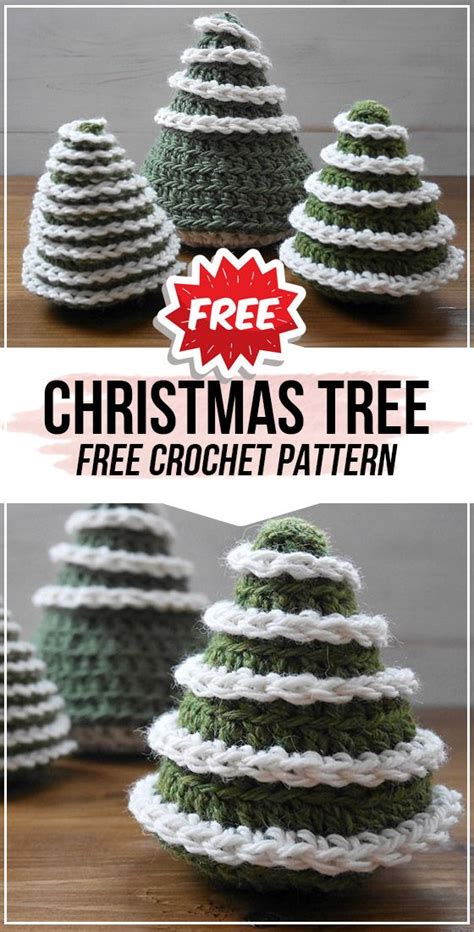 Three Crocheted Christmas Trees With Text Overlay That Reads Free