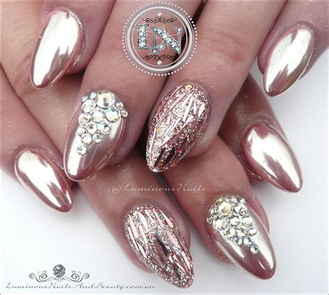 Glamorous Rose Gold Chrome Sculptured Acrylic Nails So Pretty Gold Chrome Nails Rose Gold