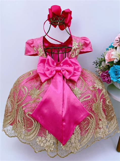 Vestido Infantil Pink Renda Realeza Dourada Princesa Rosa Charmosa