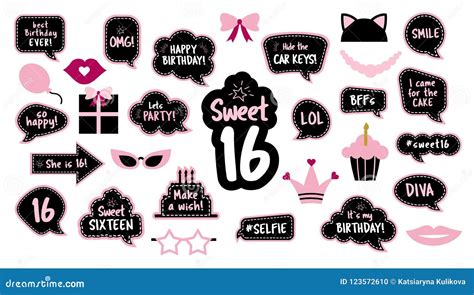 16th Birthday Photobooth Props Set For Sixteen Vector Illustration | CartoonDealer.com #123572610