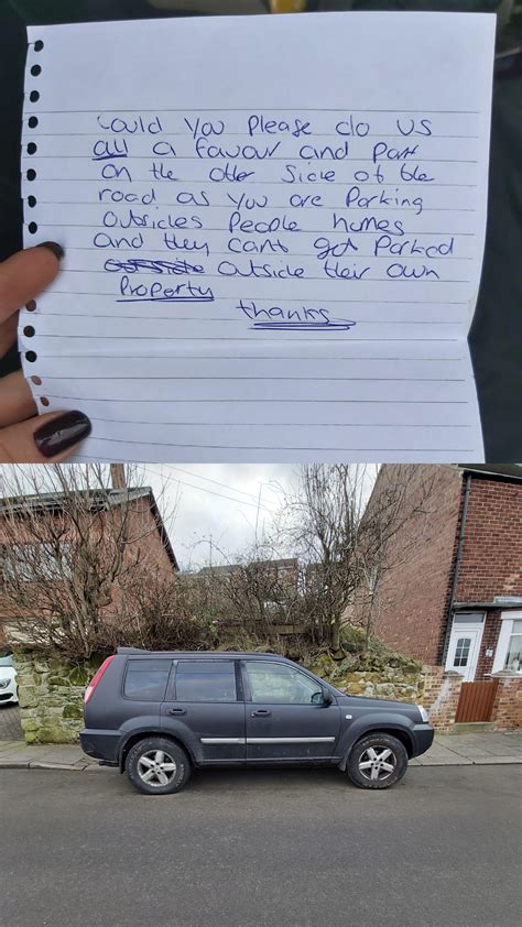 Mildly Infuriating A Note Asking You Not To Park In Front Of Houses On