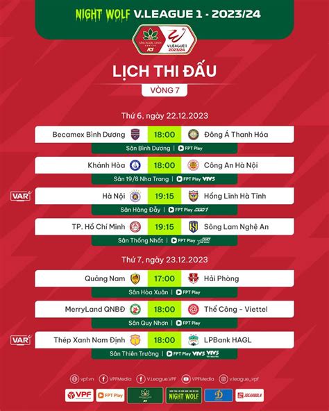 Lịch thi đấu chi tiết vòng 7 V League 2023 2024