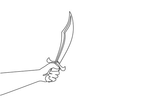 Single continuous line drawing man hand hold machete. Hatchet knife ...