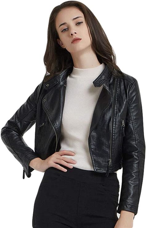 Damen Bomber Pu Lederjacke Kurz Slim Fit Beiläufig Stehkragen Mantel