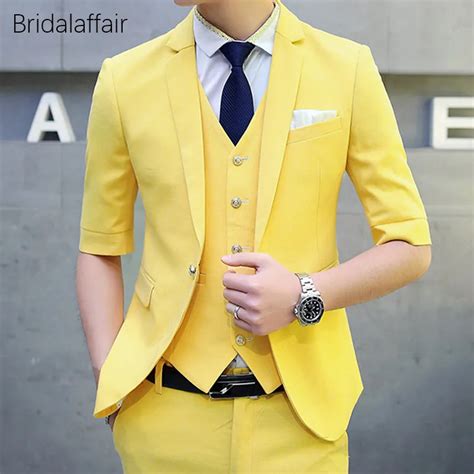 KUSON Men Suit Set Short Sleeves Blazer Yellow Tuxedo Slim Fit Suits