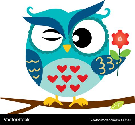 Cute Blue Owl Sitting On A Branch With Flower Vector Image