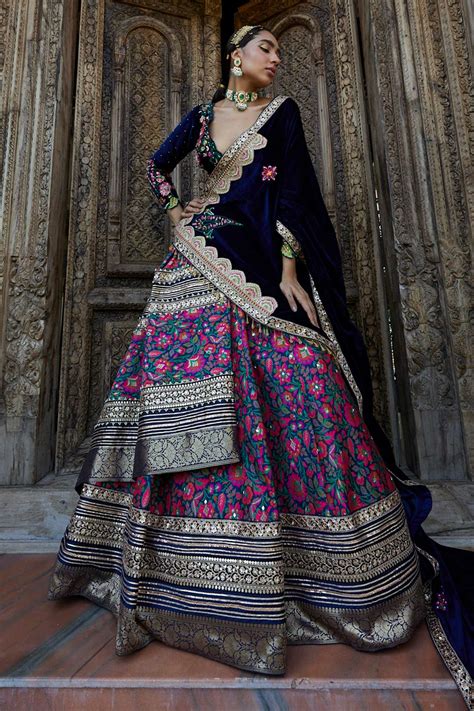 Buy Aditi Gupta Blue Silk Floral Print Panelled Lehenga Set Online