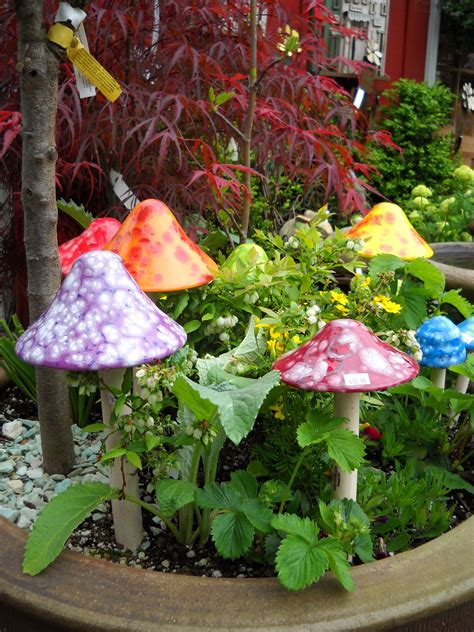 Colored Glass Mushrooms Brighten Up Any Container Fairy Garden Containers Fairy Garden