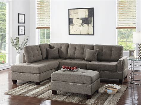 3 Piece Sectional Sofa Reversible Chaise Ottoman Coffee Polyfiber Sectionals Tufted Couch