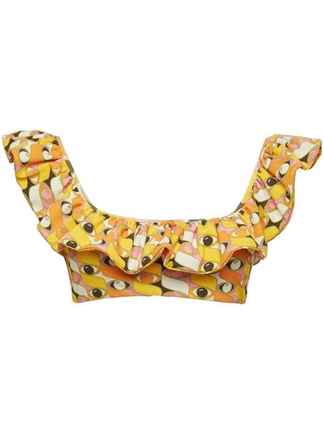 La DoubleJ Ruffle Graphic Print Bikini Top Yellow FARFETCH UK