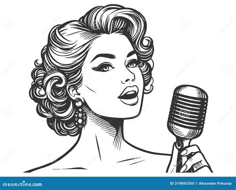 Female Singer Performing Engraving Raster Stock Illustration