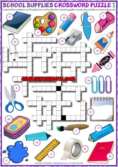 School Supplies Esl Crossword Puzzle Worksheets