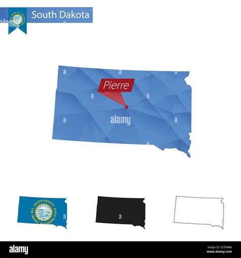 State Of South Dakota Blue Low Poly Map With Capital Pierre Versions