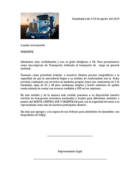 Cartas De Presentación Para Servicios De Transporte Y Mudanza Fletes