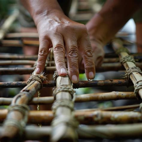 Closeup Of Hands Weaving A Bamboo Mat Showcasing Traditional