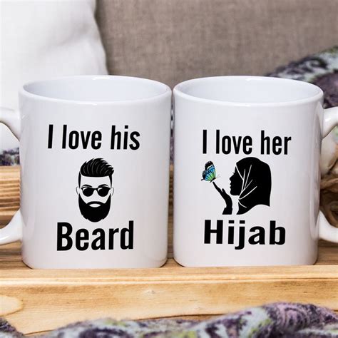 Two White Coffee Mugs With The Words I Love His And Beard On Them