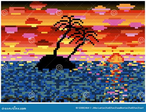 Pixelated Tropical Island In Sunset Stock Vector Illustration Of