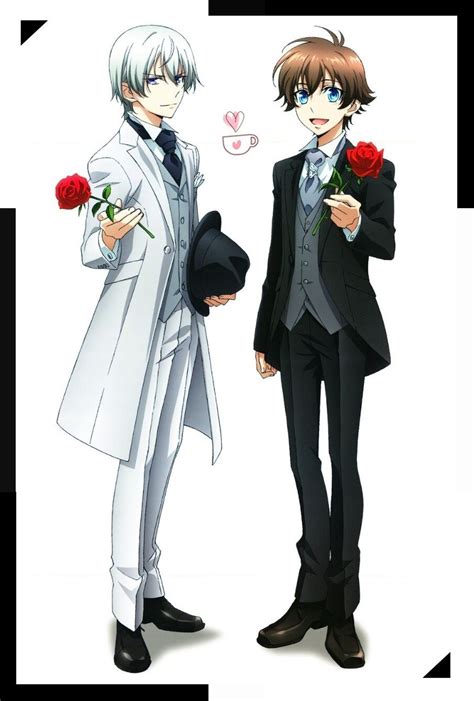 Two Anime Characters Dressed In Suits And Holding Roses