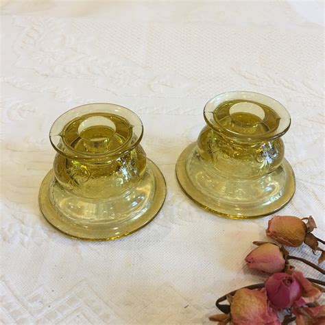 Vintage Pair Candle Holders In Yellow Glass Short Pressed Etsy Uk