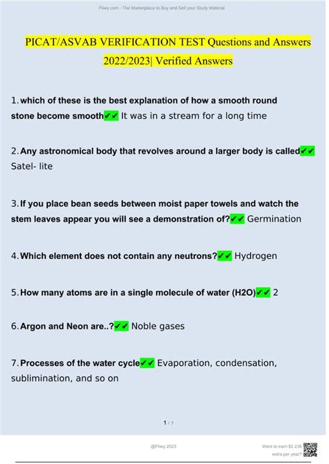 PICAT ASVAB Test Verification Questions And Answers Correct Verified