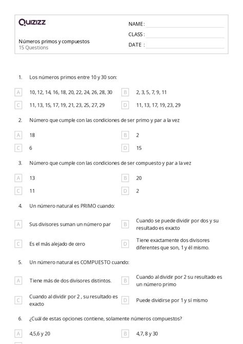 N Meros Primos Y Compuestos Hojas De Trabajo Para Grado En