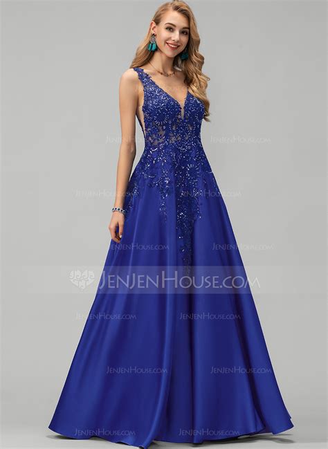 A Line V Neck Floor Length Satin Prom Dresses With Sequins 018220242