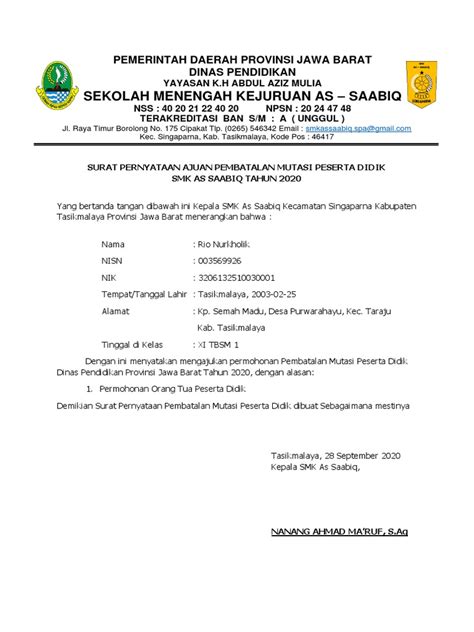 Form Surat Pernyataan Ajuan Pembatalan Mutasi Peserta Didik Pdf