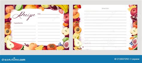 Set Of Recipe Card Templates For Making Notes About Preparation Of Food