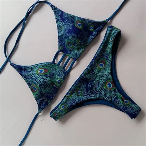 Low Waist Double Sided Bikini Suit Peacock Print Bathing Suit Swimwear