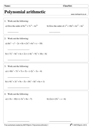 Polynomials Practice Questions Solutions Teaching Resources