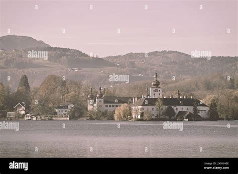 Gmunden, Upper Austria, Austria. Ort Castle in Gmunden, Salzkammergut. In the background country ...