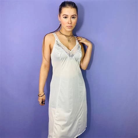 Vintage S White Satin Lace Trim Slip Dress Size Depop