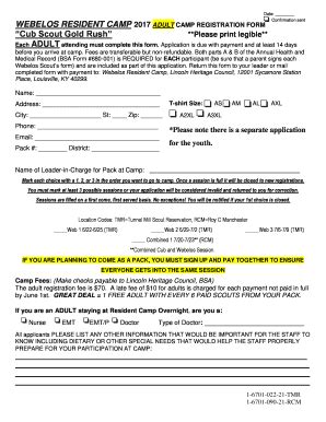 Fillable Online Webelos Resident Camp Adult Camp Registration Form