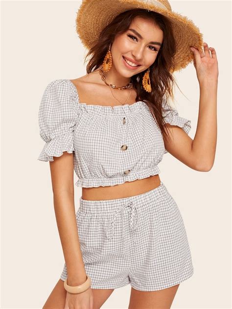 Ruffle Trim Button Front Grid Top And Shorts Set Shein Cami Crop Top