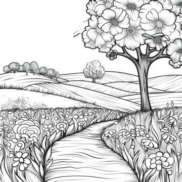 landscape coloring page  black  white outline sketch drawing