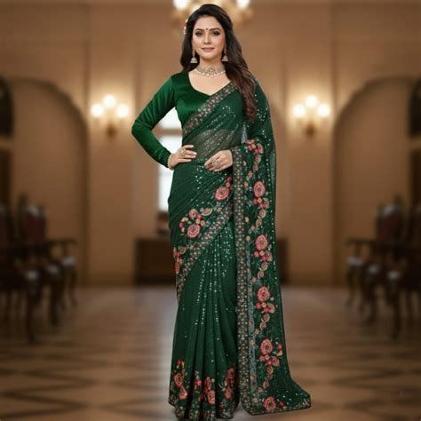 dark green embroidered saree  blouse festive elegant ethnic wear