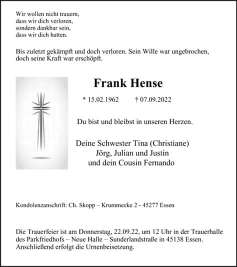 Traueranzeigen Von Frank Hense Trauer In NRW De