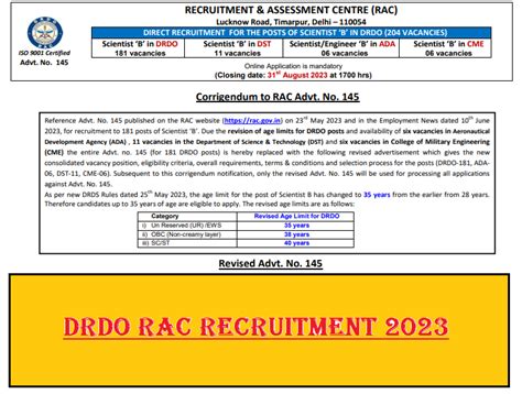 Drdo Rac Recruitment Out Scientist B Last Date