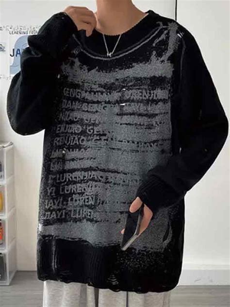 Emmiol Free Shipping Men S Letter Graffiti Ripped Sweater Black M