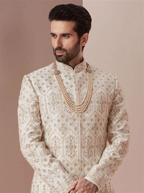 Cream And Green Raw Silk Groom Wear Sherwani G3 MSH7115 United