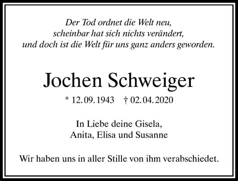 Traueranzeigen Von Jochen Schweiger Augsburger Allgemeine Zeitung