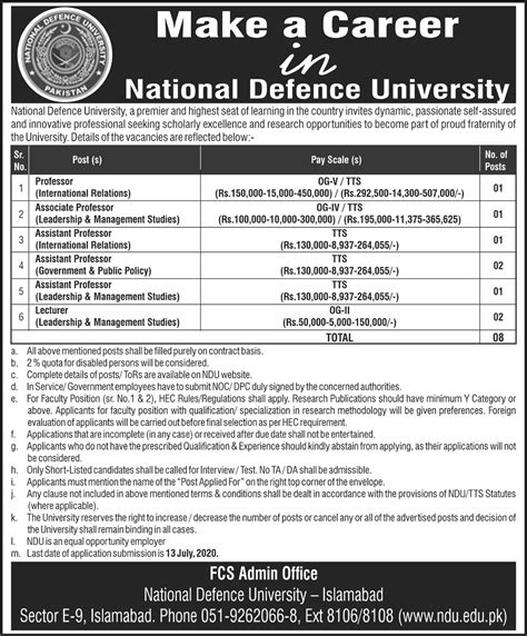 National Defence University NDU Jobs 2020 For Faculty Staff 2024 Job