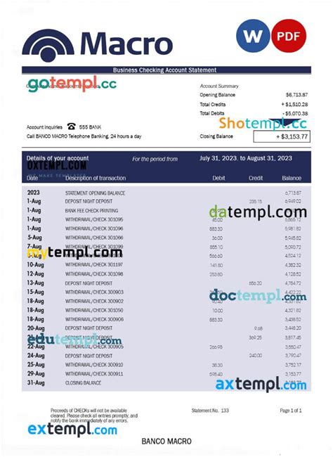 Banco Macro Organization Checking Account Statement Word And PDF