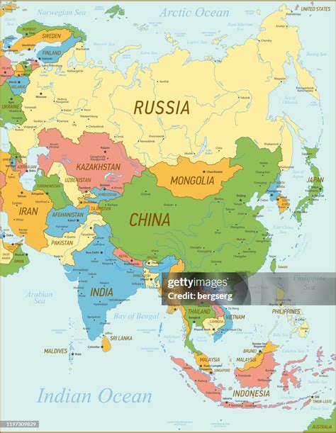 Asia Map With National Borders And Rivers High Detailed Vector Map High